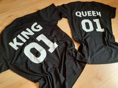 Тениски за двойки с надписи 'King' & 'Queen', и персонализиран елемент - номер